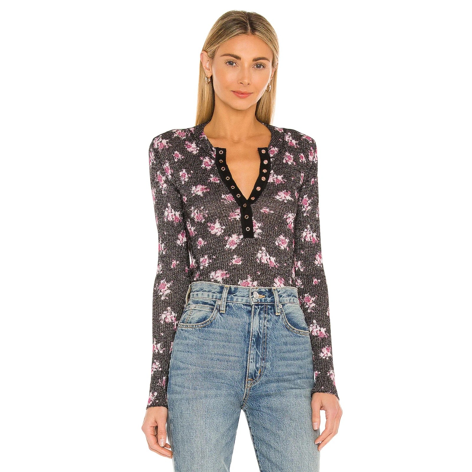 Free People Nwt One Of The Girls Printed Henley Pink Floral Long Sleeve Top New